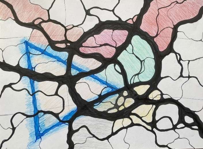 Neurographic art depicting a complex network of black lines and colorful shapes, embodying emotional connections.