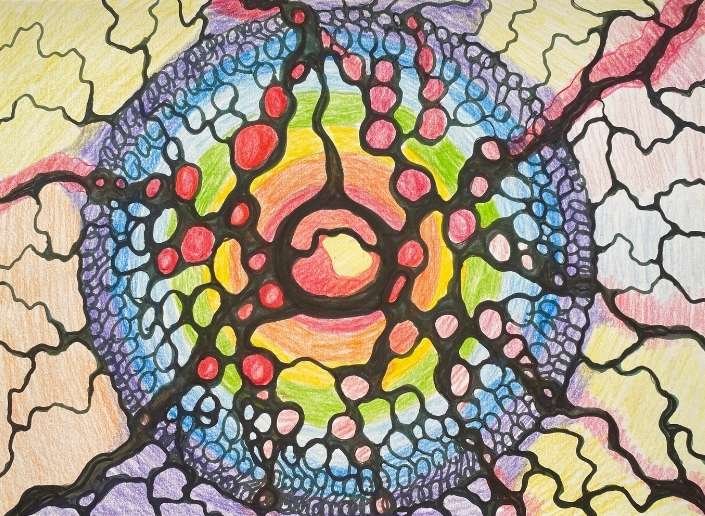 Complex neurographic drawing in bright yellows and greens with bold lines.