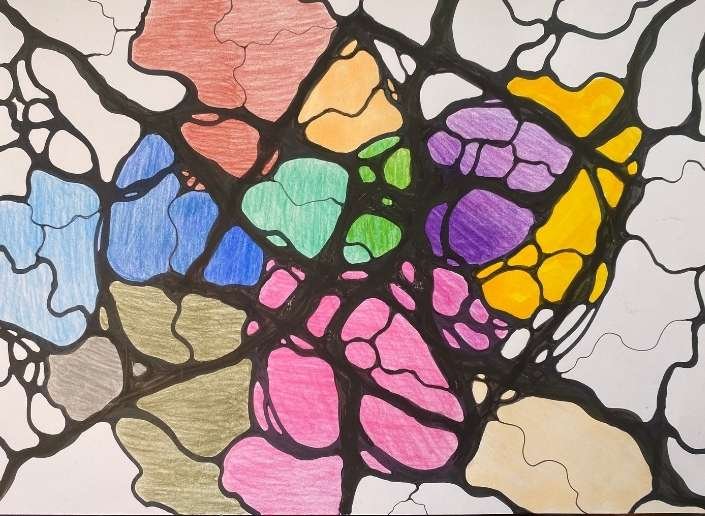 Colorful neurographic art featuring interconnected shapes in blue, red, and green.