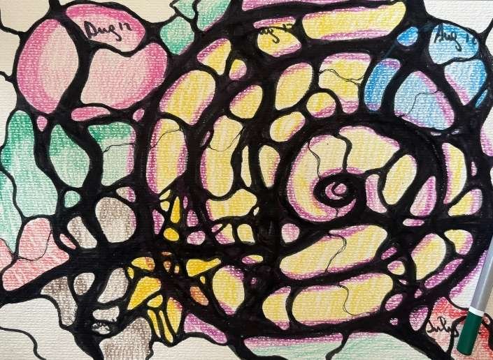 Bright and colorful neurographic art showing emotional flow through connected shapes.
