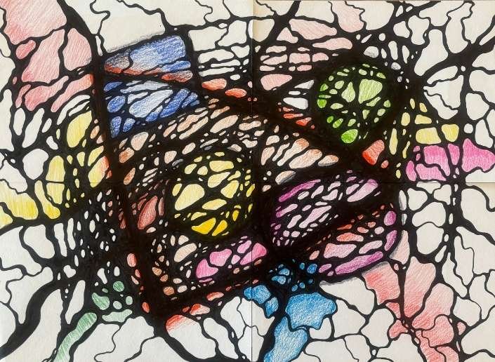 Neurographic drawing representing emotional release with intricate black lines.