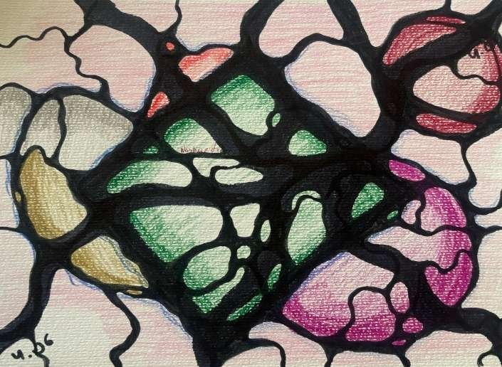 Detailed neurographic artwork in shades of pink and purple with interwoven black lines.