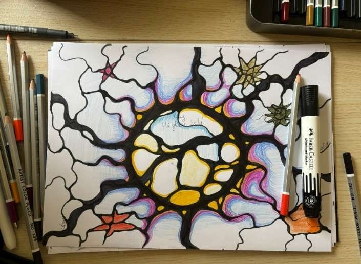 Bright and colorful neurographic art showing emotional flow through connected shapes.