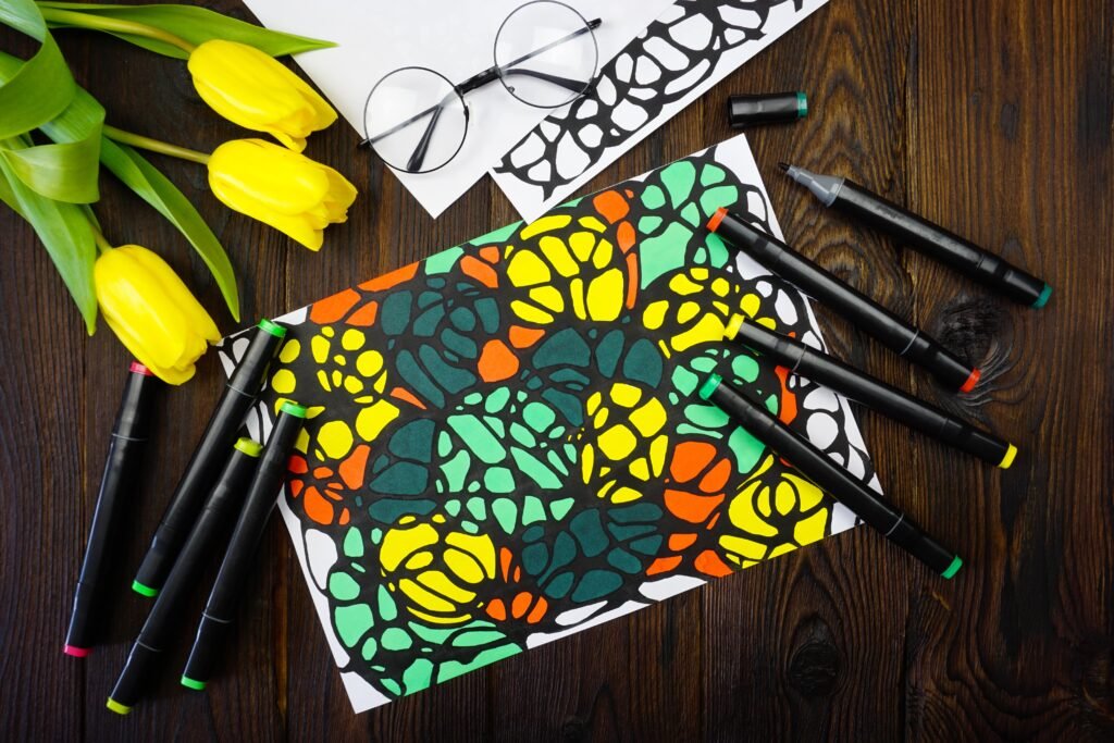 A colorful drawing with markers and flowers