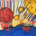 A vibrant abstract drawing created using the Neurographica technique. The composition features large, interconnected circles in red, orange, and yellow, linked by bold black neurographic lines. The background consists of dynamic, multicolored streaks in yellow, blue, and red, radiating from the center, creating a sense of energy and movement. The lower part of the image is filled with deep blue and red shapes, resembling water and land, adding grounding elements to the composition. The drawing exudes a sense of interconnectedness, transformation, and creative flow.