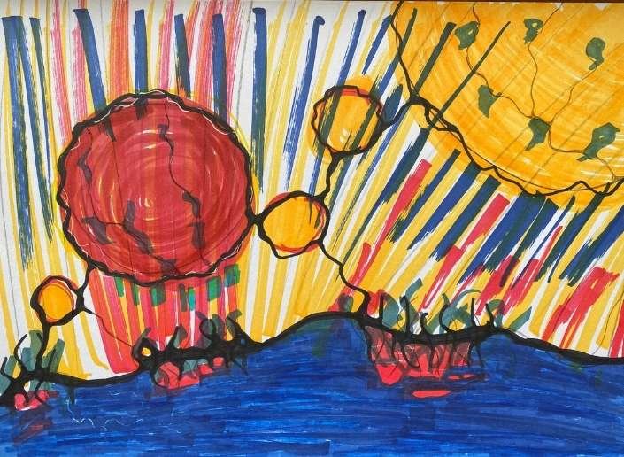 A vibrant abstract drawing created using the Neurographica technique. The composition features large, interconnected circles in red, orange, and yellow, linked by bold black neurographic lines. The background consists of dynamic, multicolored streaks in yellow, blue, and red, radiating from the center, creating a sense of energy and movement. The lower part of the image is filled with deep blue and red shapes, resembling water and land, adding grounding elements to the composition. The drawing exudes a sense of interconnectedness, transformation, and creative flow.
