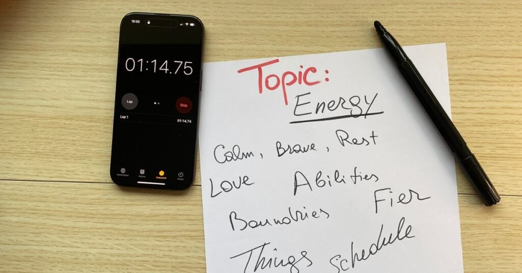 A brainstorming session on the topic of "Energy," with a handwritten list of words associated with vitality and focus. A stopwatch suggests a time-constrained creative process, emphasizing rapid ideation—a key step in Neurographica to engage intuition and subconscious thinking. Step 1. Set Your Intention (Topic 1.0)

Write the theme/topic in one word (e.g., "harmony") and list all your associations with this topic. We set the timer for two minutes ad continuously write everything that comes to mind.