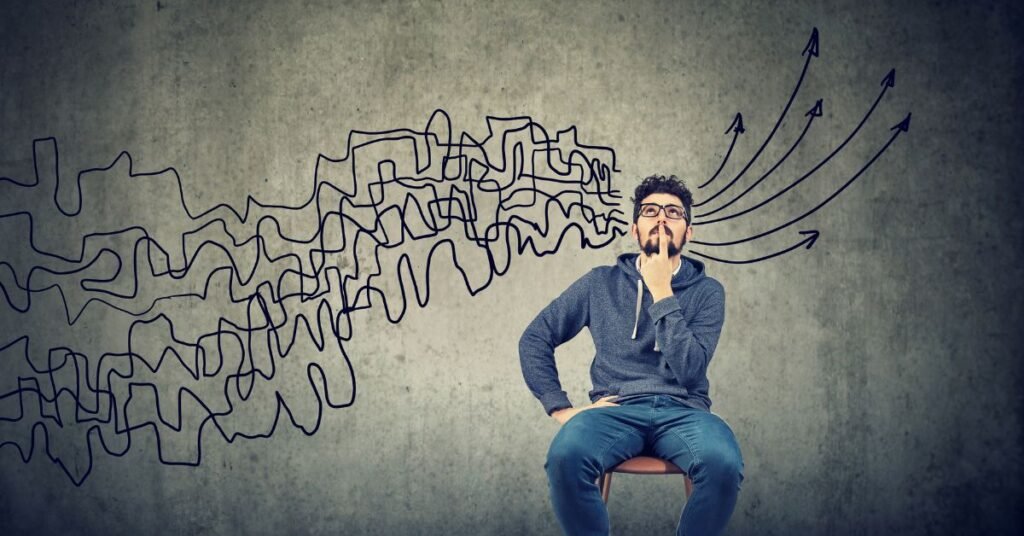 A conceptual visualization of thought transformation, depicting a man deep in thought with abstract lines morphing into directed arrows. This symbolizes the power of Neurographica to turn chaotic emotions into structured, goal-oriented thinking.
