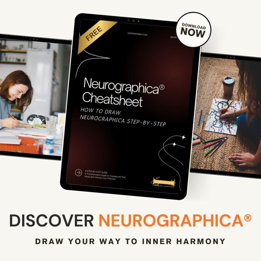 A visually engaging promotional image showcasing the "Neurographica® Cheatsheet" on a digital tablet. The background features individuals practicing Neurographica, reinforcing the method's accessibility and effectiveness in unlocking creativity and inner harmony. The "Download Now" button invites viewers to get the free step-by-step guide.