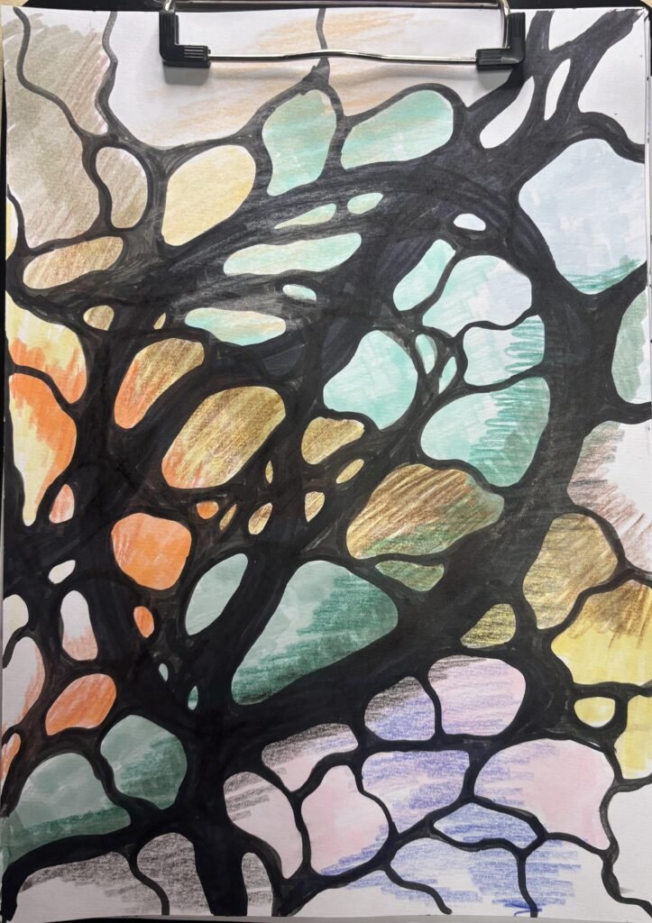 A colorful abstract drawing created using the Neurographica method. The artwork features organic, branching black lines that form enclosed, cell-like shapes filled with soft gradients of color. Shades of turquoise, orange, gold, lavender, peach, and green fill the spaces between the black lines, creating a dynamic, interconnected web-like structure. The background is lightly shaded in a mix of pastel tones, contributing to a sense of flow and emotional expression. The image is held on a clipboard with a visible metal clip at the top. Remove limiting beliefs by drawing the algorithm for removing limitations.