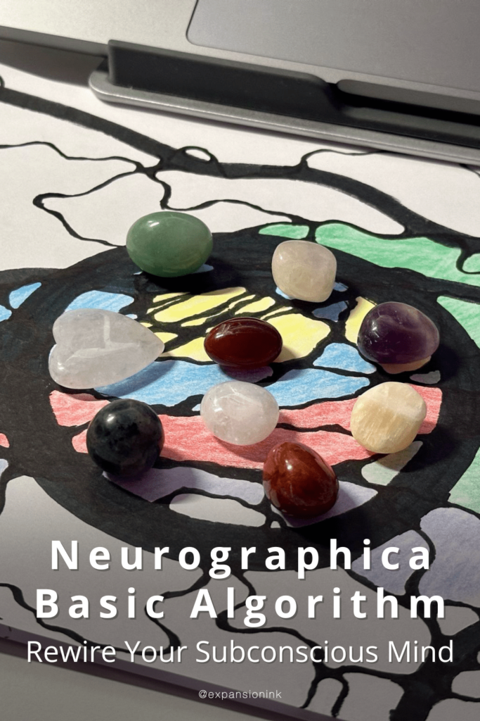 Promotional image for Neurographica's Basic Algorithm, featuring colorful neurographic art with thick black lines and sections filled with green, yellow, red, pink, and blue. Eight polished healing stones of various colors (green, white, red, purple, black, and heart-shaped rose quartz) are placed on the drawing. A laptop is partially visible at the top. Text overlaid reads: “Neurographica Basic Algorithm – Rewire Your Subconscious Mind” with the Instagram handle @expansionink at the bottom.