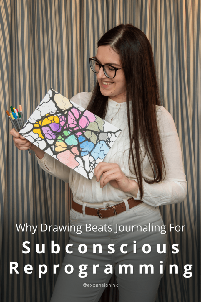 Why Drawing Beats Journaling for Subconscious Reprogramming. A colorful infographic comparing drawing and journaling for subconscious reprogramming. On the left, a hand is sketching neurographic lines on paper, symbolizing creativity and flow. On the right, a traditional journal with text represents conventional writing. Key benefits of drawing are highlighted, such as activating new neural pathways, emotional expression, and bypassing the conscious mind. A central brain illustration is split—left side lit up by drawing, right side by journaling—suggesting different cognitive effects. The overall message emphasizes drawing as a more effective and engaging method for deep inner transformation.