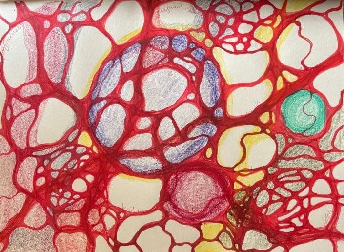 A solar-inspired Neurographica drawing, bursting with circular orange and yellow segments, surrounded by soft pink and white fields, reflecting vitality and inner fire.