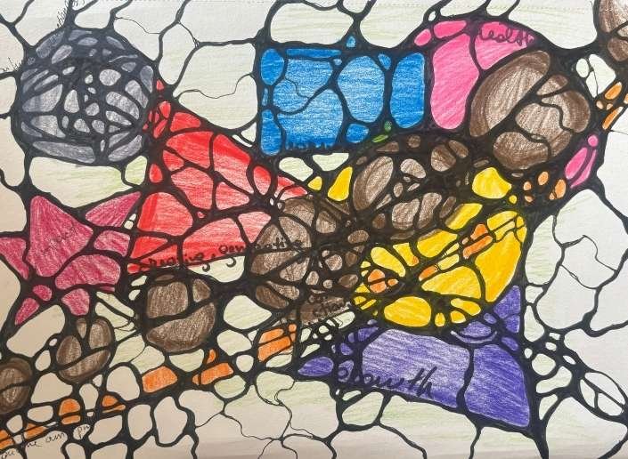 A colorful drawing with flowing black lines