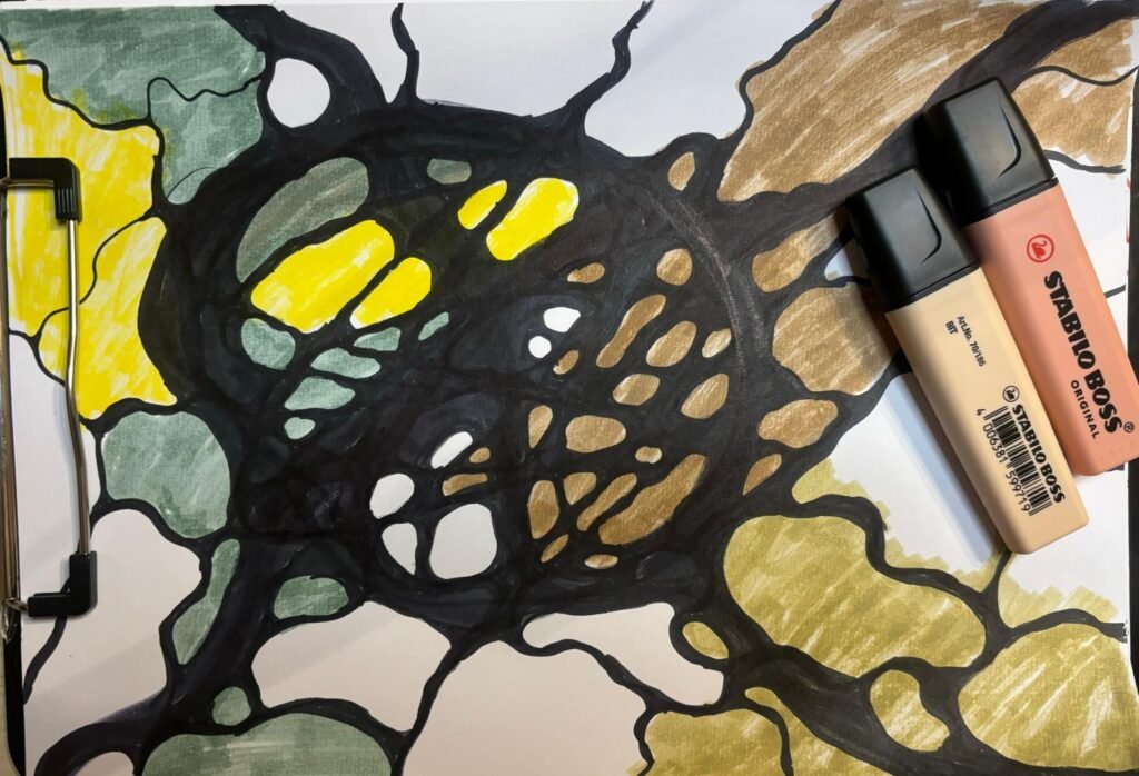 Earth-toned Neurographica art in greens, yellows, and browns with bold black lines; two Stabilo markers in frame suggest active creative process.