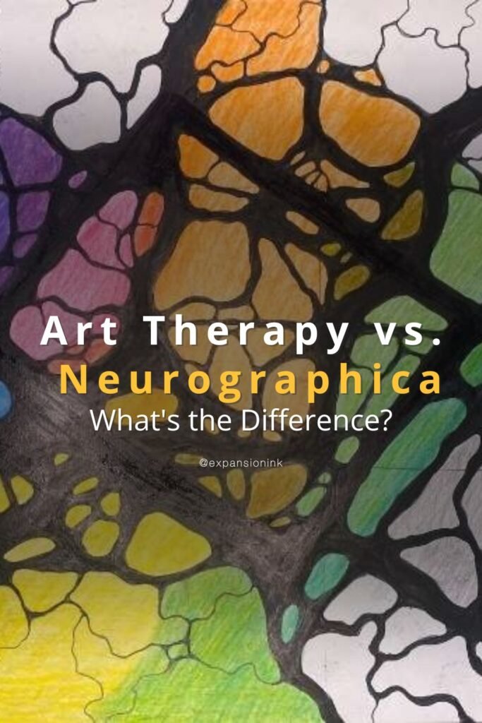 colorful abstract Neurographica-style drawing featuring organic black lines and filled-in shapes in various colors including purple, orange, green, yellow, and pink. Overlaid text reads: 'Art Therapy vs. Neurographica – What's the Difference?' with the word 'Neurographica' highlighted in yellow. The Instagram handle @expansionink is written below. Art Therapy vs. Neurographica What's the Difference
