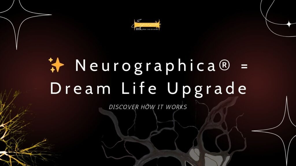 Artistic image of Neurographica® drawings leading into a glowing path or dream-like landscape, with the text “Neurographica® = Dream Life Upgrade”.