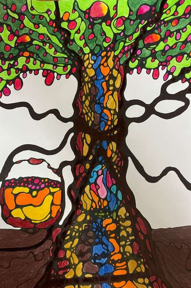 A stunning Neurographica drawing inspired by a tree, with a bold black trunk filled with vibrant orange, blue, pink, and yellow forms. The leafy canopy above bursts with bright green, pink, and red neurographic shapes, suggesting fruit or blossoms. A circular container on the left contains similarly vivid patterns, symbolizing abundance and nature’s energetic flow.