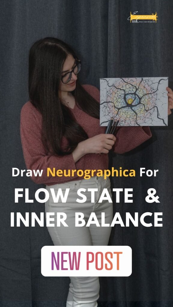 Woman holding a colorful Neurographica drawing and black pens, standing in front of a dark curtain. Text overlay reads “Draw Neurographica for Flow State & Inner Balance – New Post.” Promotes a new blog post by ExpansionInk on using neurographic art for mindfulness and emotional balance.