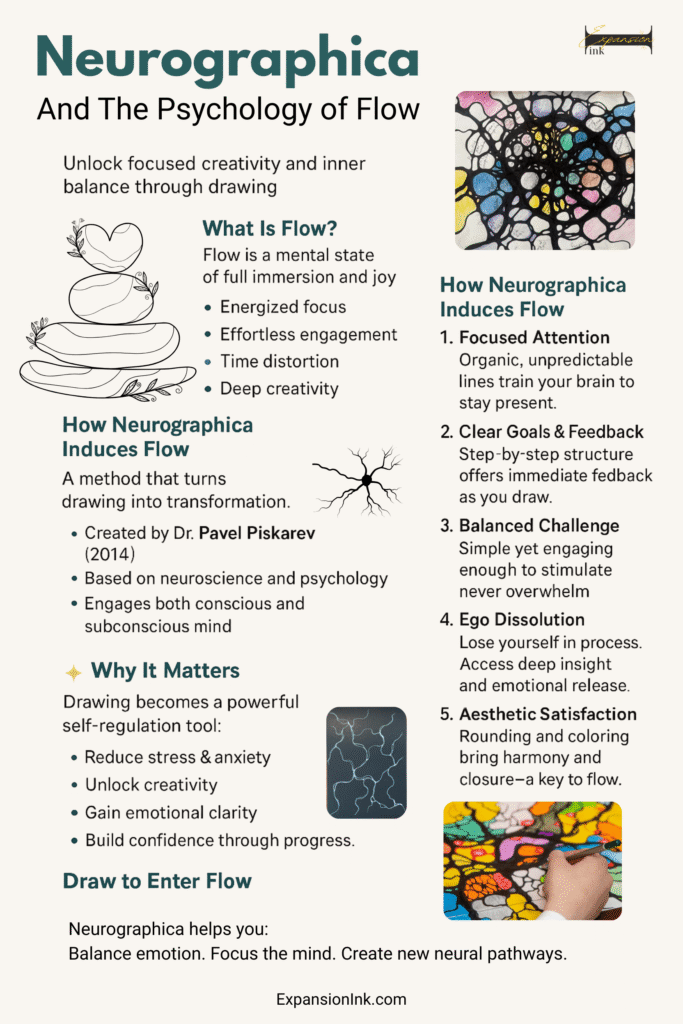 Infographic titled “Neurographica and the Psychology of Flow” by ExpansionInk. Explains how Neurographica drawing activates flow state through focused attention, ego dissolution, and aesthetic satisfaction. Lists benefits like reduced stress, emotional clarity, and creativity. Includes visuals of neurographic drawings, brain-like patterns, and balancing stones. Promotes drawing as a neuroscience-based tool for emotional balance and transformation.
