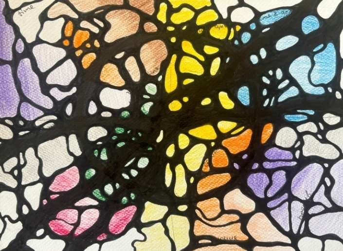 A centered vortex of Neurographica lines, gradually expanding in intensity from warm tones at the core to cool shades at the edges, mimicking the process of internal realization.