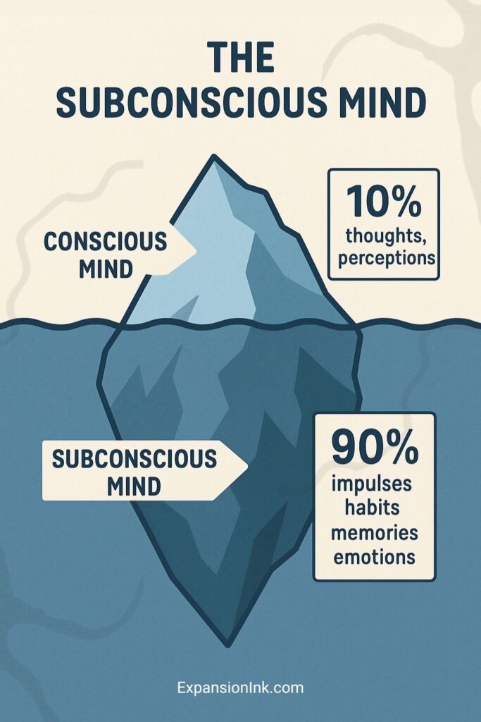 Illustration of an iceberg showing the conscious mind above water and the subconscious mind below. Text highlights that 10% of the mind includes thoughts and perceptions, while 90% is made up of impulses, habits, memories, and emotions. Labeled sections emphasize the contrast between conscious and subconscious levels. Website: ExpansionInk.com.