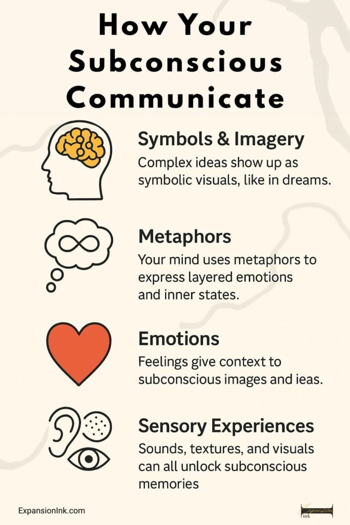 Infographic titled “How Your Subconscious Communicate” with four illustrated points: Symbols & Imagery, Metaphors, Emotions, and Sensory Experiences. Each point has an icon and short description explaining how the subconscious mind expresses itself. Website: ExpansionInk.com.