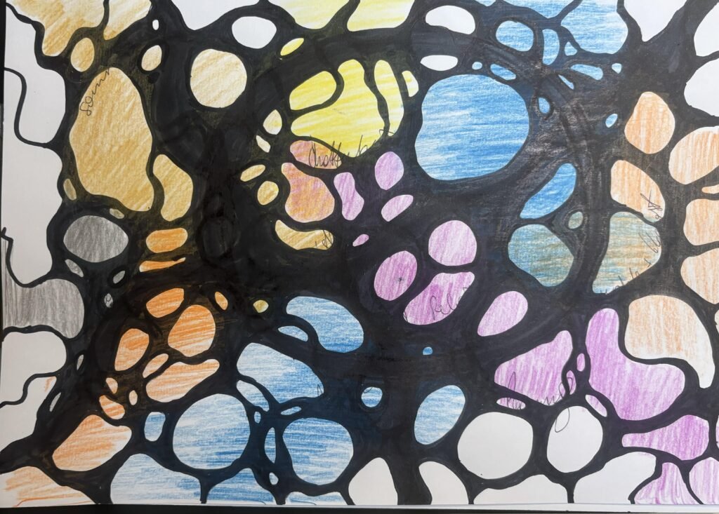 A Neurographica drawing with thick black branching lines forming rounded organic shapes filled with soft colors like yellow, blue, orange, and purple. The image reflects emotional flow and subtle energy movement across the page.