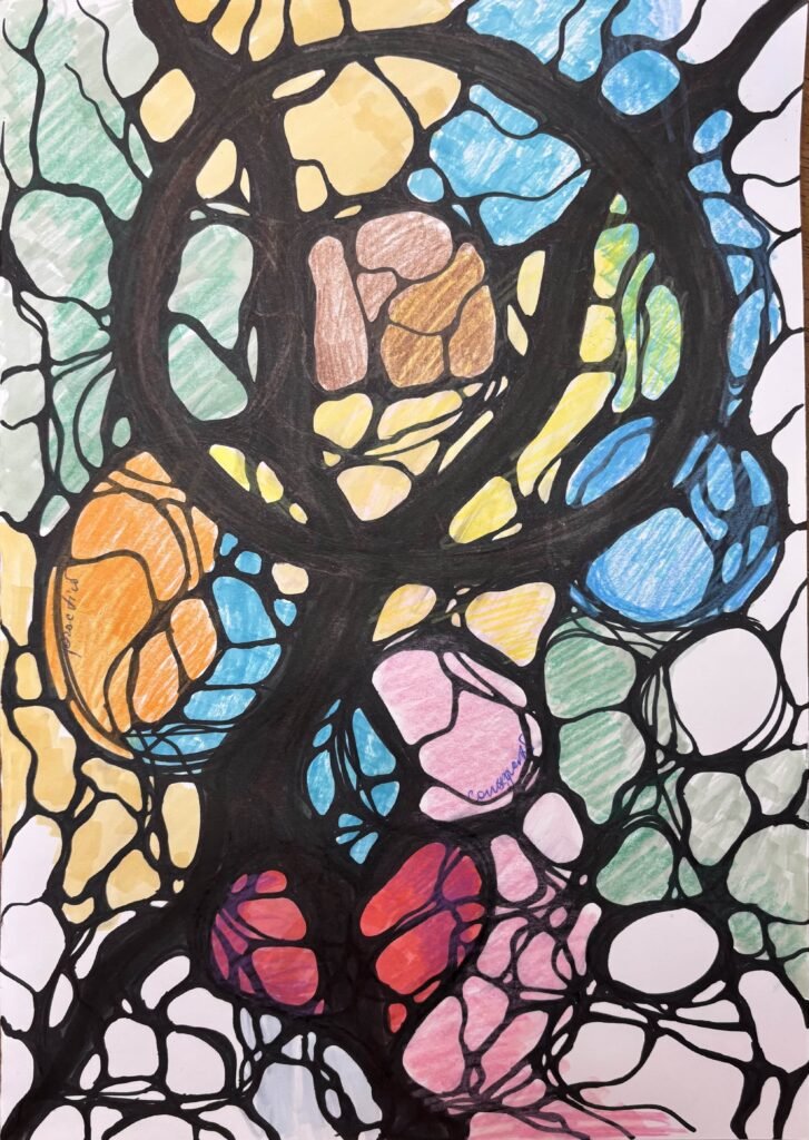 A dynamic vertical Neurographica drawing filled with concentric and spiral shapes. Colors like turquoise, green, yellow, and brown radiate through the black-lined structures, with words like "courage" subtly embedded in the layers.