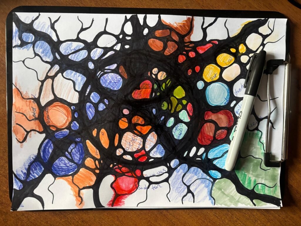 A vibrant Neurographica drawing featuring bold black neurographic lines branching across the page, filled with dynamic color fields in orange, blue, red, yellow, green, and purple. Words are subtly inscribed inside various colored shapes, representing thoughts or intentions. A black marker rests diagonally on the right side atop a clipboard.