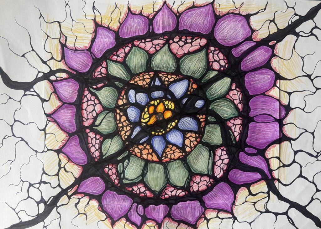 NeuroLotus. A mandala-like Neurographica drawing resembling a blooming lotus. The central structure radiates outward in layers of warm oranges, leafy greens, soft blues, and vibrant purples. The image symbolizes wholeness, energy, and personal growth.