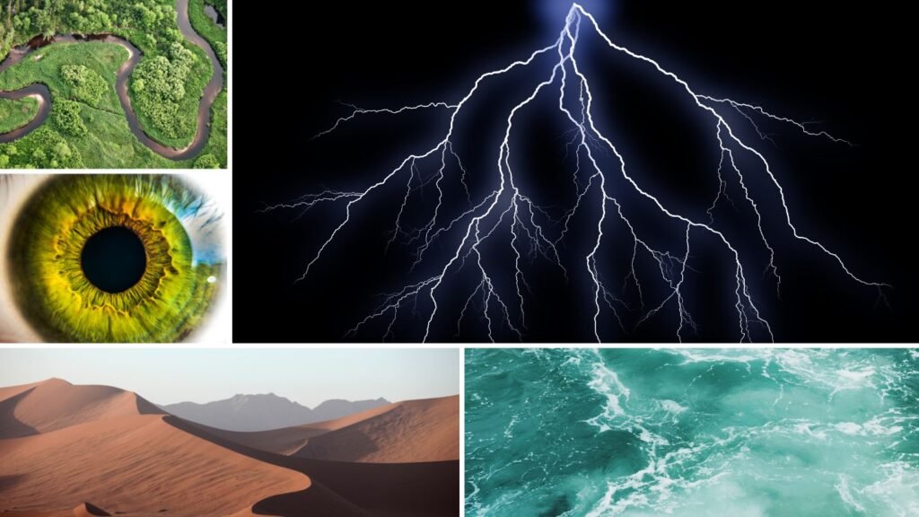 A visual collage showcasing Neurographica-inspired patterns found in nature. The central image features vivid, branching lightning bolts against a black sky—closely resembling the dendritic structures seen in Neurographica drawings. To the left, a winding river snakes through lush green forest, echoing the organic, non-linear flow of neurographic lines. Below that, a close-up of a human eye displays intricate radial textures and color gradients, mirroring the complexity and interconnectedness emphasized in Neurographica. At the bottom left, smooth, undulating desert dunes exhibit natural waveforms, suggesting movement and transformation. On the bottom right, the swirling surface of the ocean displays dynamic turbulence and fluid energy—common themes in both Neurographica and the study of neural plasticity. This composition reveals how biomorphic, fractal-like patterns in nature parallel the expressive, spontaneous lines used in Neurographica to symbolize growth, change, and interconnectedness