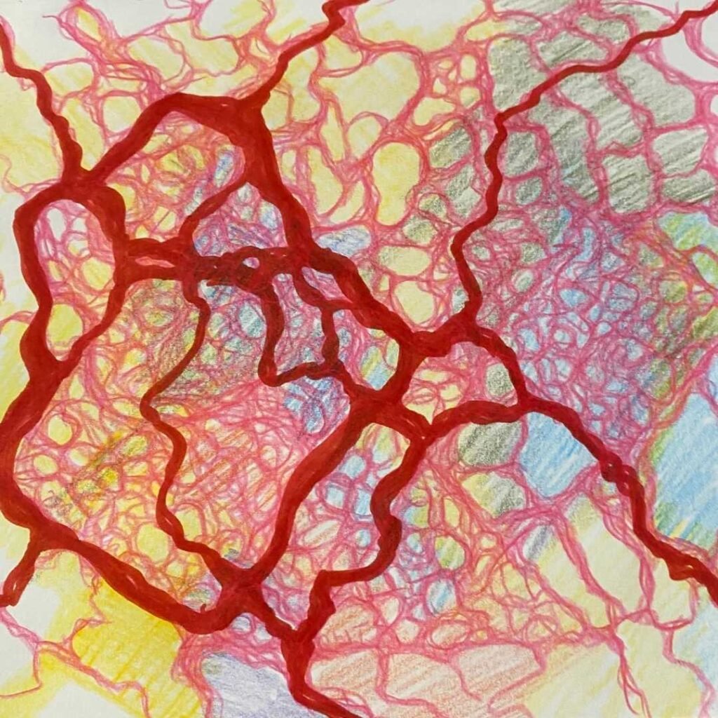 A Neurographica drawing titled “From Conflict to Connection,” featuring a complex web of red neural-like lines layered over a soft yellow and multicolor background. The bold crimson lines create larger organic forms, while finer pink structures fill the space with movement and intensity, symbolizing emotional transformation and inner healing.