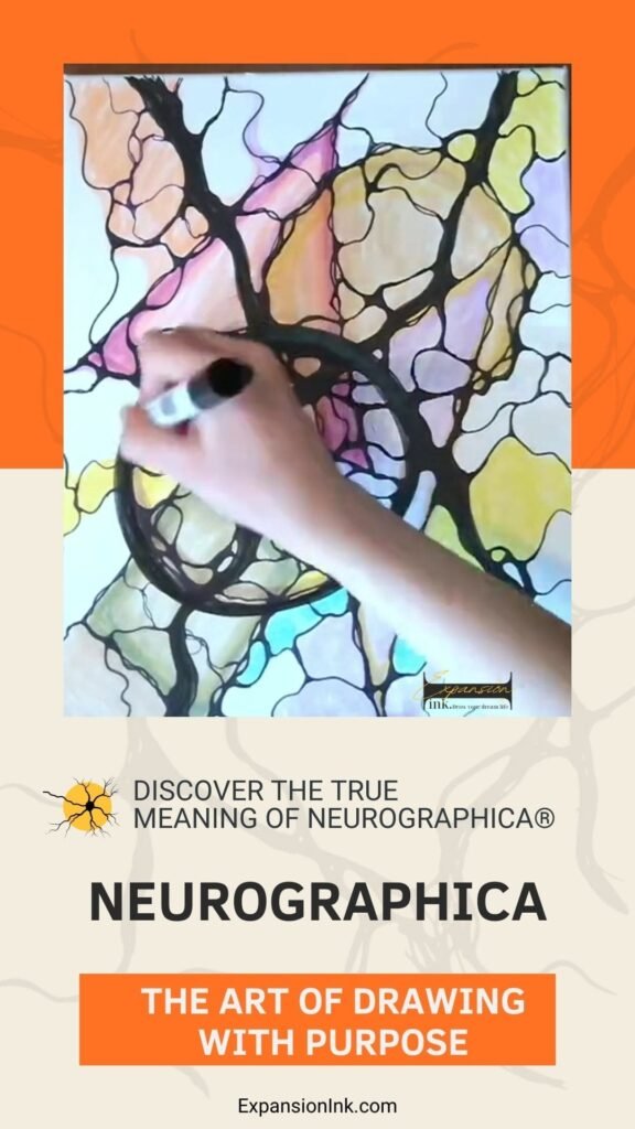 Person drawing a colorful Neurographica® artwork with black marker lines and rounded intersections; image promotes the concept of mindful drawing through the Neurographica method created by Pavel Piskarev, with caption "Neurographica Definition. Discover the True Meaning of Neurographica® – The Art of Drawing with Purpose" from ExpansionInk.com.