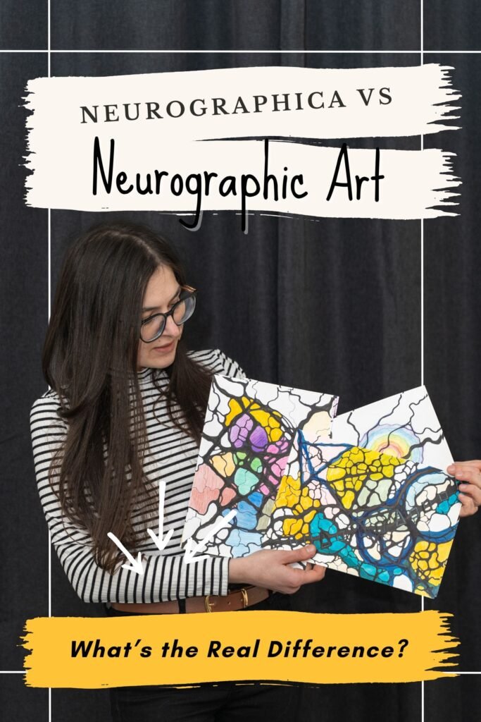 A woman wearing glasses and a striped shirt holds up two colorful neurographic drawings with black, biomorphic lines and bright colored sections. Text on the image reads “Neurographica vs Neurographic Art” and “What’s the Real Difference?” in bold, graphic style.