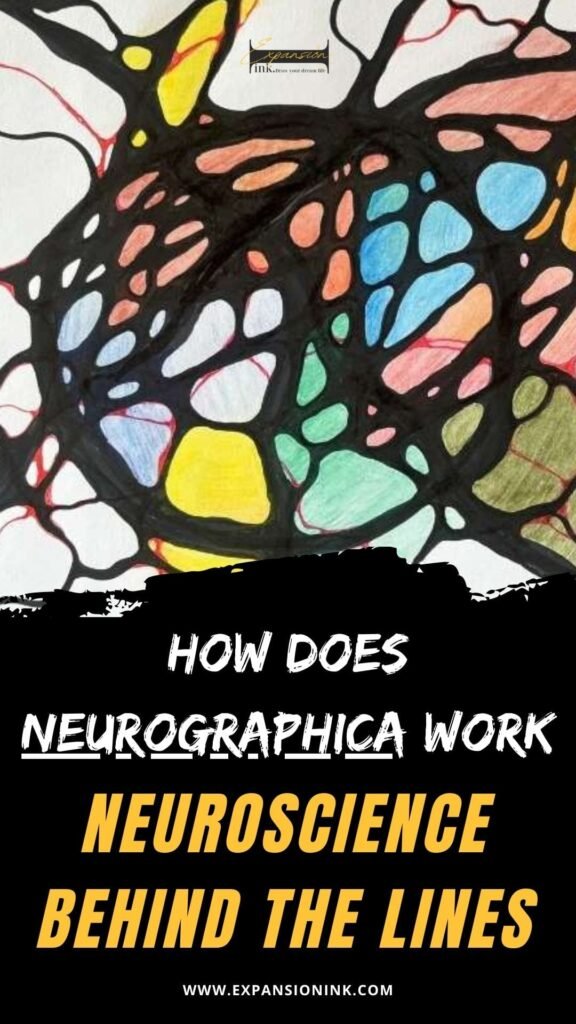 Colorful neurographic art featuring abstract intersecting lines and rounded shapes in shades of yellow, green, blue, red, and orange, overlaid with bold black lines. The image promotes a blog post titled “How Does Neurographica Work – Neuroscience Behind the Lines,” hosted on www.expansionink.com. This visual represents the core concept of Neurographica: a transformative drawing method that activates neuroplasticity, forms new neural pathways, and helps process subconscious thoughts through structured linework and color. The text highlights key themes such as neurographica drawing, neuroscience, neural connections, emotional regulation, and the psychological impact of art-based methods that support mindset shifts and inner clarity.