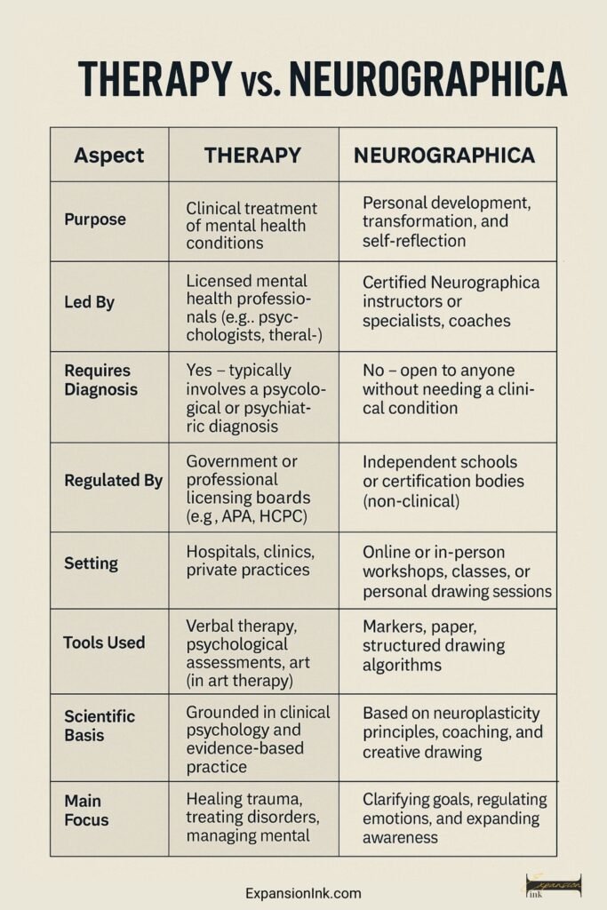 Infographic titled 'Therapy vs. Neurographica: Key Differences' with three columns labeled Aspect, Therapy, and Neurographica. It compares the two approaches across categories such as Purpose, Led By, Requires Diagnosis, Regulated By, Setting, Tools Used, Scientific Basis, and Main Focus. Therapy is shown as clinically oriented, led by licensed professionals, and focused on treating mental health conditions. Neurographica is presented as a non-clinical, creative self-development method guided by certified instructors or specialists, emphasizing personal transformation and emotional awareness.