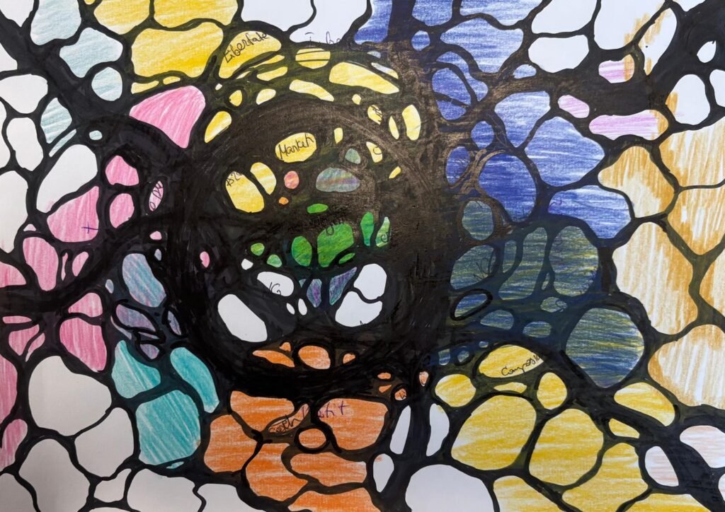 A centered, spiral-like Neurographica piece with radiating black neurographic lines forming nested patterns of yellow, blue, pink, green, and orange. The composition draws the eye inward with vibrant colors symbolizing energy, focus, and layered meaning. Handwritten words such as “Health,” “Light,” and “March” are visible within the forms.