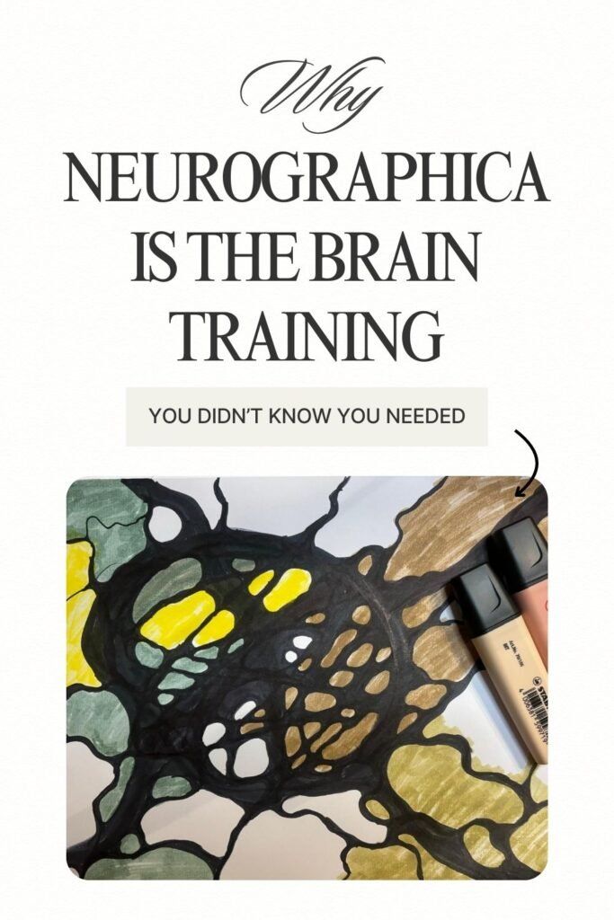 Neurographica brain training image with bold abstract Neurographica drawing in black, yellow, and green, surrounded by Stabilo markers. Title text reads 'Why Neurographica Is the Brain Training You Didn’t Know You Needed.' Ideal for topics on neurographic art, subconscious reprogramming, and creative mental wellness techniques.