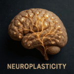 Glowing golden neural pathways spread across the left hemisphere of the brain, symbolizing neuroplasticity. Each connection point emits soft light, highlighting the intricate folds and texture of the brain. Beneath the brain, the word NEUROPLASTICITY appears in bold, beige capital letters. The lighting and composition give the image a photographic, science-inspired aesthetic, blending biological accuracy with symbolic representation of brain rewiring.
