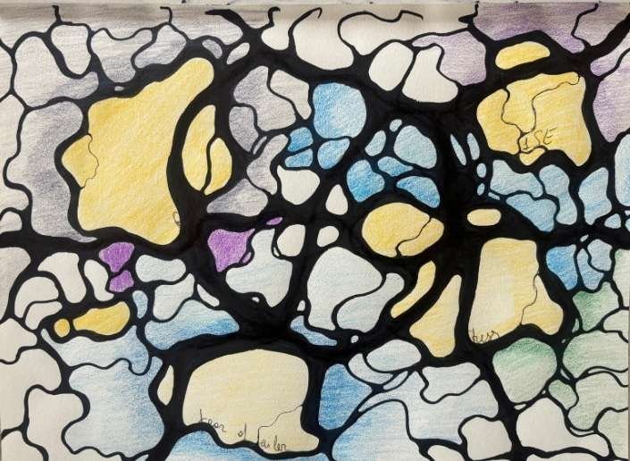 An abstract emotional map using the Neurographica method, filled with curved black lines and pastel zones in peach, teal, and lavender—conveying softness and a sense of flow.