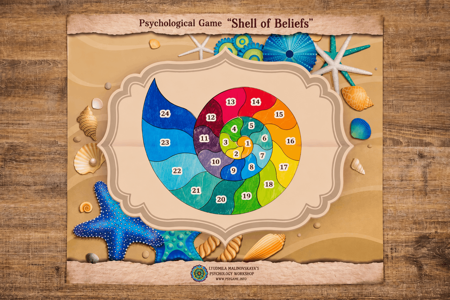 Colorful spiral Shell of Beliefs psychological game board with 24 numbered spaces.