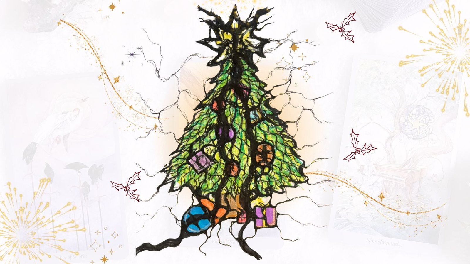 A Neurographic Christmas tree drawing in green with colorful ornaments and a yellow star