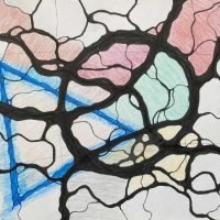 2.6 НейроКомпозиция. Контраст_нюанс (2)-min Neurographic art depicting a complex network of black lines and colorful shapes, embodying emotional connections.
