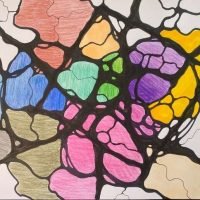 76-min Colorful neurographic art featuring interconnected shapes in blue, red, and green.