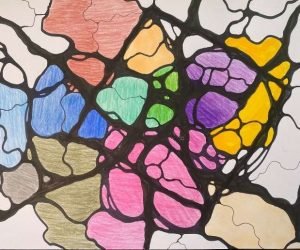 Colorful neurographic art featuring interconnected shapes in blue, red, and green.