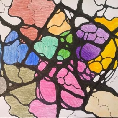 Colorful neurographic art featuring interconnected shapes in blue, red, and green.