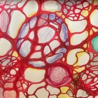 A solar-inspired Neurographica drawing, bursting with circular orange and yellow segments, surrounded by soft pink and white fields, reflecting vitality and inner fire.