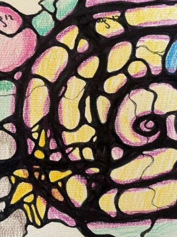 Abstract neurographic drawing with fluid lines and bold colors blending into a dynamic visual pattern (15)-min Bright and colorful neurographic art showing emotional flow through connected shapes.