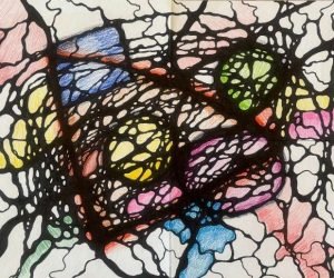 Neurographic drawing representing emotional release with intricate black lines.